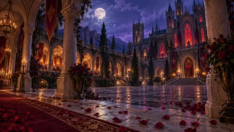 Concept art of Bloodvault: a moonlit courtyard strewn with rose petals before a palace with crimson windows.