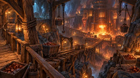 Concept art of the Cindervein Delve: ore carts on timber trestles above a glowing goblin furnace.