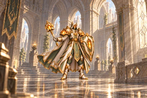 Dawnreliquary level-30 Cleric equipment concept, showing the complete armor, matching cape and weapon.