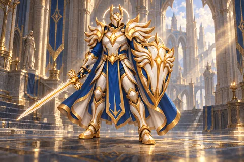 Dawnward Seraph level-30 Templar equipment concept, showing the complete armor, matching cape and weapon.