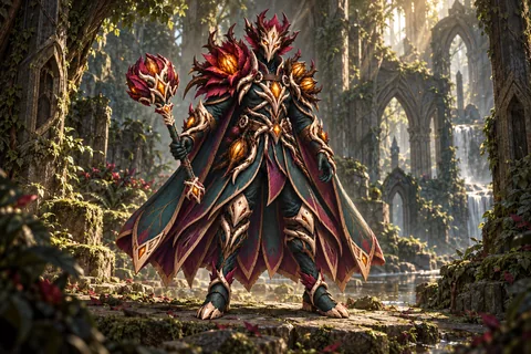 Dreadbloom Hierophant level-30 Wildheart equipment concept, showing the complete armor, matching cape and weapon.