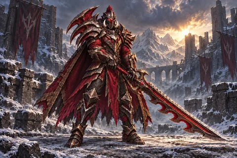 Dreadmaw Ravager level-30 Berserker equipment concept, showing the complete armor, matching cape and weapon.