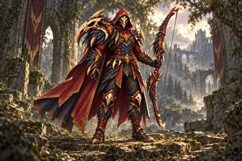 Dreadtalon Huntmaster level-30 Ranger equipment concept, showing the complete armor, matching cape and weapon.