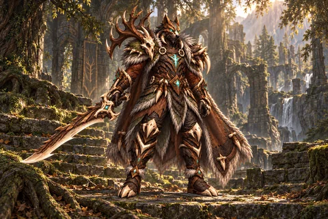 Fangroot Primordial level-30 Wildheart equipment concept, showing the complete armor, matching cape and weapon.