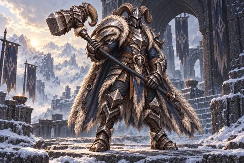 Frosthide Colossus level-30 Berserker equipment concept, showing the complete armor, matching cape and weapon.