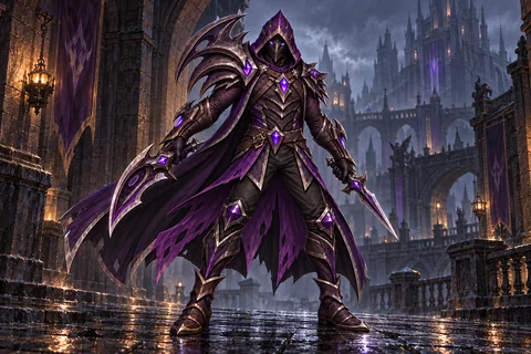 Nightsunder level-30 Shade equipment concept, showing the complete armor, matching cape and weapon.