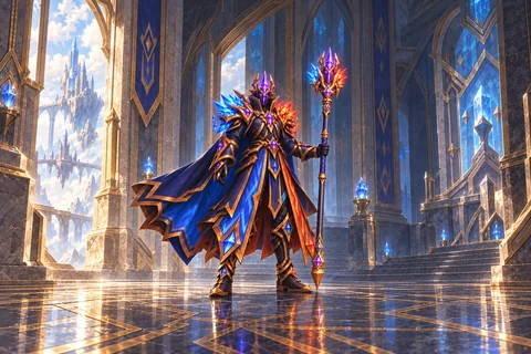 Prismstorm Regalia level-30 Acolyte equipment concept, showing the complete armor, matching cape and weapon.