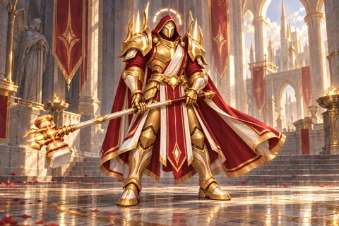 Sanctified Verdict level-30 Templar equipment concept, showing the complete armor, matching cape and weapon.