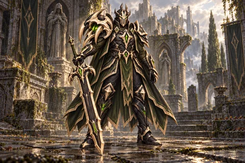 Sepulcher Tyrant level-30 Grave Warden equipment concept, showing the complete armor, matching cape and weapon.