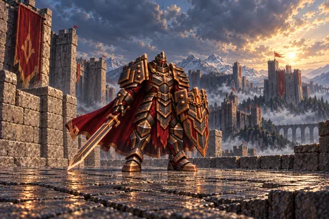 Siegebreaker Dreadplate level-30 Vanguard equipment concept, showing the complete armor, matching cape and weapon.