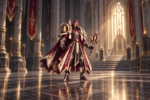 Silent Judgment level-30 Cleric equipment concept, showing the complete armor, matching cape and weapon.