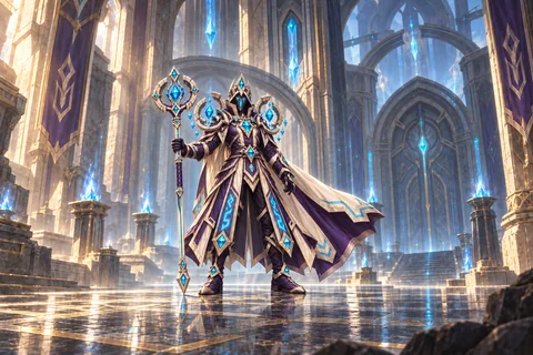 Spellvault Magister level-30 Acolyte equipment concept, showing the complete armor, matching cape and weapon.