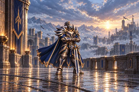 Stormwall Marshal level-30 Vanguard equipment concept, showing the complete armor, matching cape and weapon.