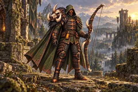 Thornwatch Warden level-30 Ranger equipment concept, showing the complete armor, matching cape and weapon.