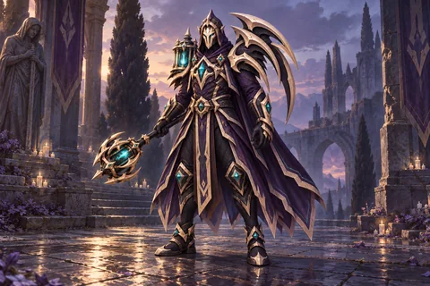 Veilreaper Regalia level-30 Grave Warden equipment concept, showing the complete armor, matching cape and weapon.