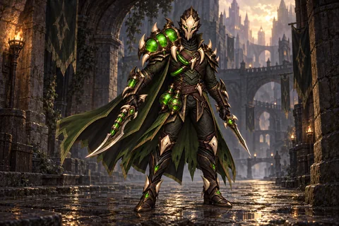 Venommaw level-30 Shade equipment concept, showing the complete armor, matching cape and weapon.