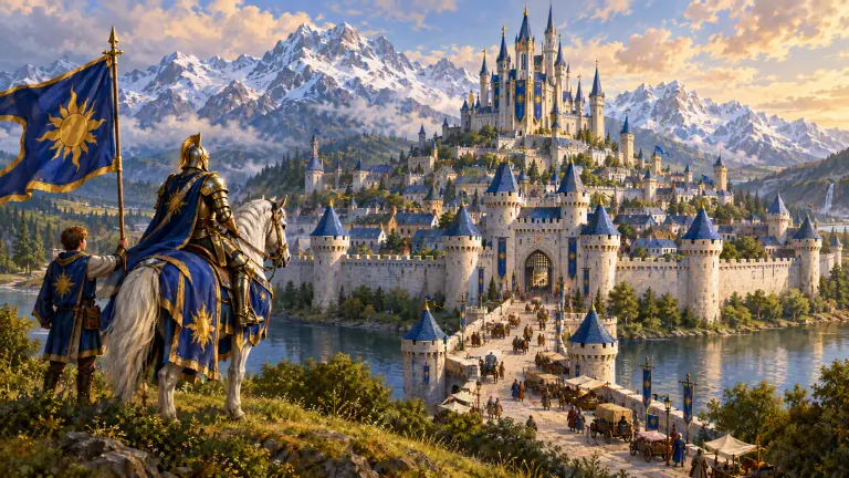 The walled capital of New Estalon beneath blue and gold banners.