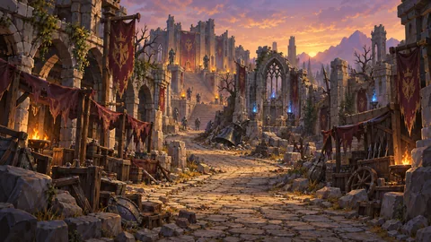 Concept art of the Hollow Crown: a ruined royal street of torn crimson banners and a fallen bell below a broken keep.