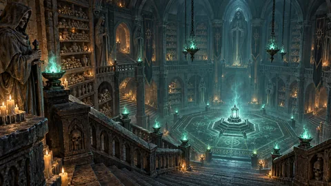 Concept art of the Ossuary of Last Rites: shelves of skulls and green soul fire around a ritual floor.