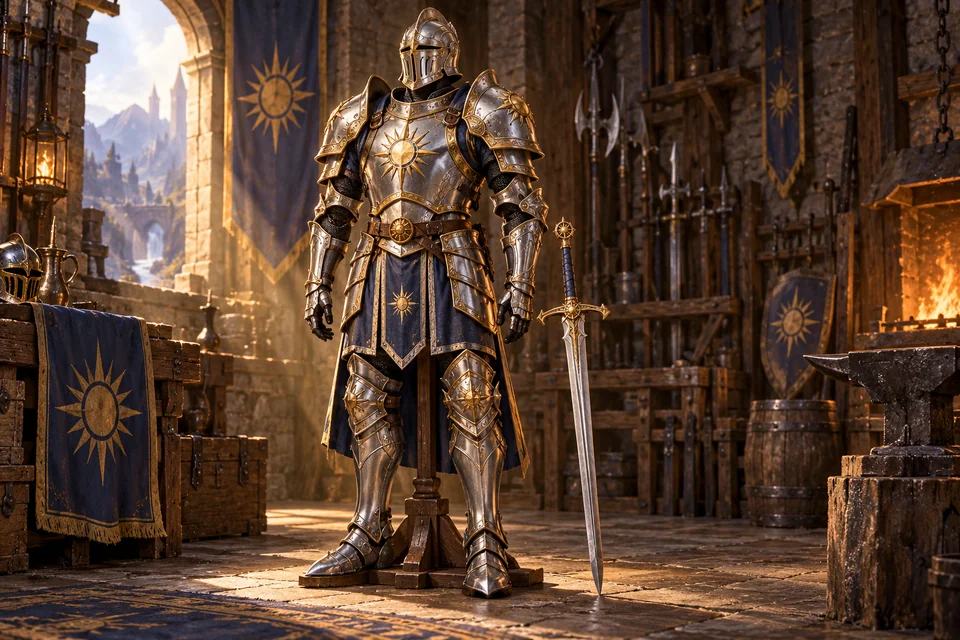 Concept of a complete silver-and-gold armor set displayed in an armory.