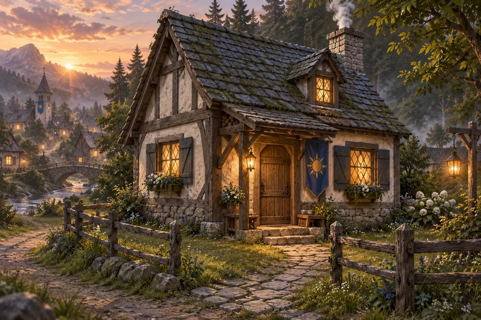 Concept of a small timber cottage with warm windows and a welcoming porch.