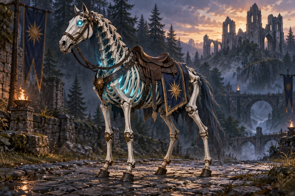 Concept of a saddled skeletal warhorse with glowing blue eyes.