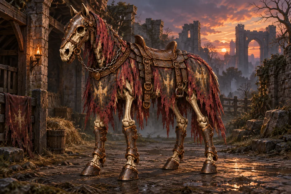 Concept art of the skeletal horse mount: ivory bones, empty eye sockets, a brown saddle, rusted armor and ragged oxblood barding.