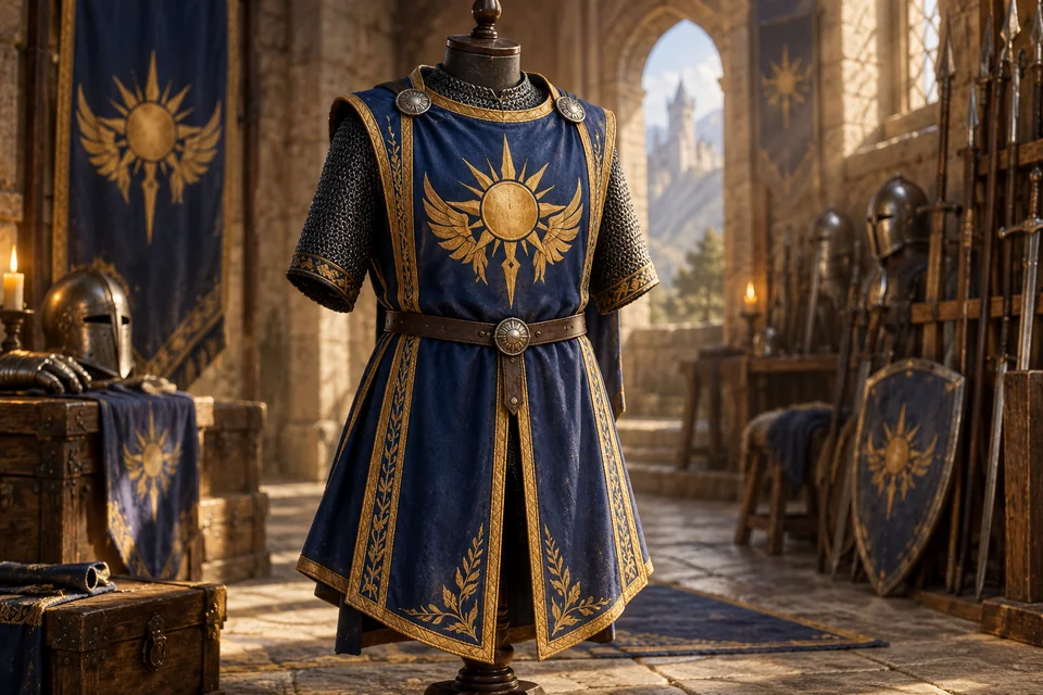 Concept of a royal-blue tabard with embroidered gold sun heraldry.