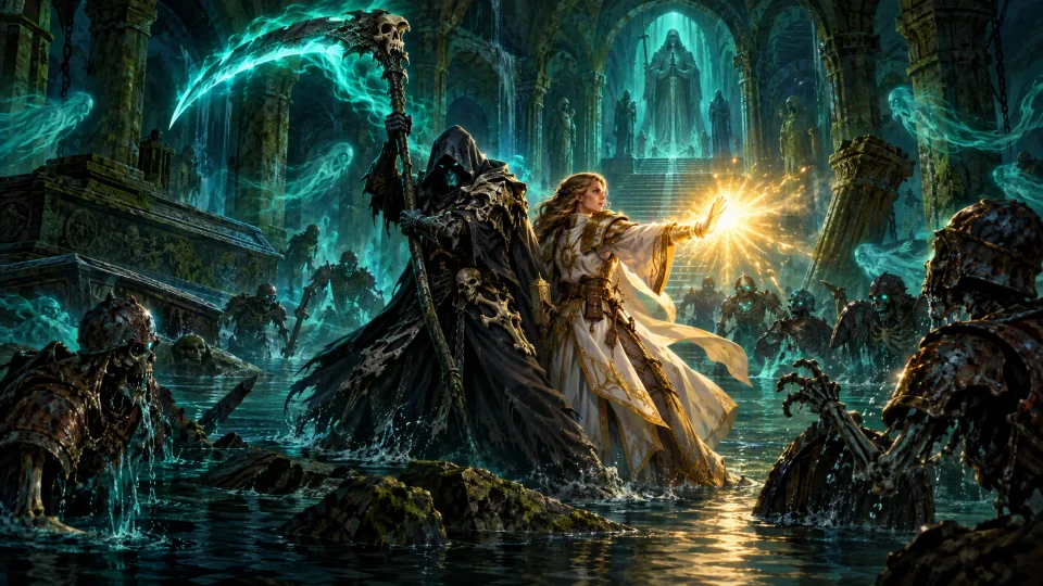 Adventurers face a spectral necromancer and skeletal armies inside a ruined crypt.
