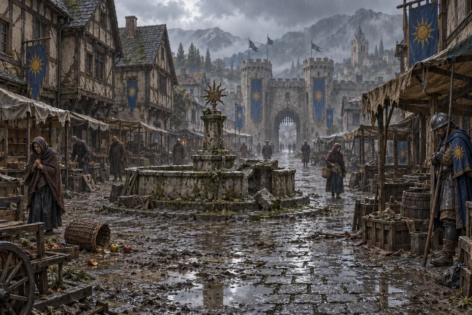 An abandoned market square with empty stalls, a crumbling fountain, and a lone weary guard.