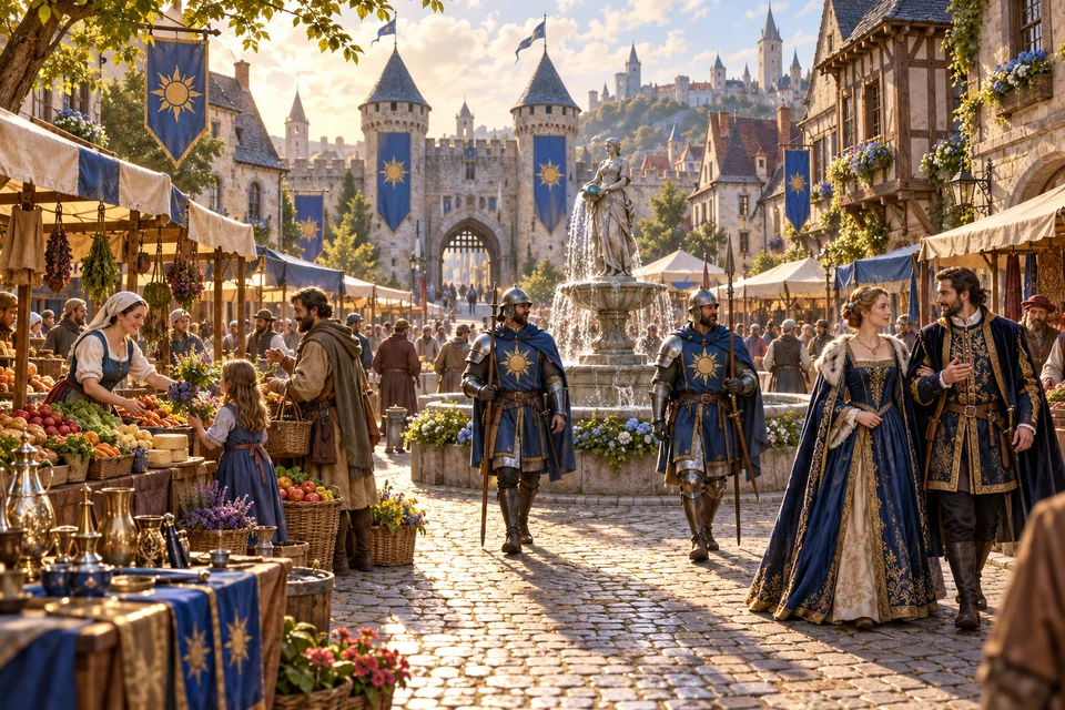 A flourishing town market with blue-and-gold guards, well-stocked stalls, and visiting nobles.