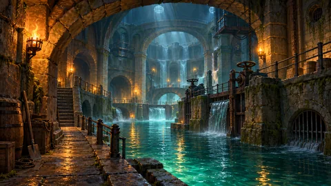 The Underworks beneath New Estalon: torchlit walkways and sluice wheels beside glowing teal water, with a vaulted cistern beyond.