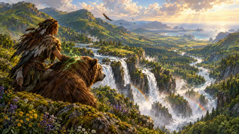 World artwork of a druid and bear overlooking the waterfalls of the Valeor valley.