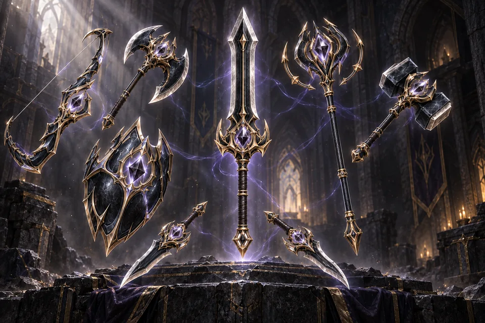 Concept art of Veyr’s weapon forms suspended in an ancient stone vault: a greatsword at the center, with a shield, bow, axe, staff, hammer and daggers.
