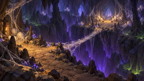 Concept art of the Silkgrave: a web bridge across a violet-lit fissure toward a cavern full of spider eggs.