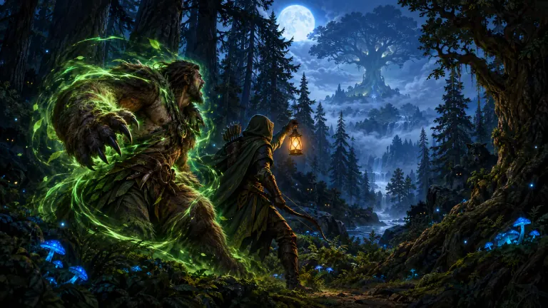 World artwork of adventurers entering the moonlit Wolfswood.